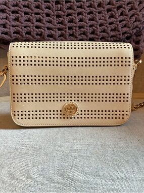 Tory Burch Cream Perforated Leather Crossbody with Gold Logo